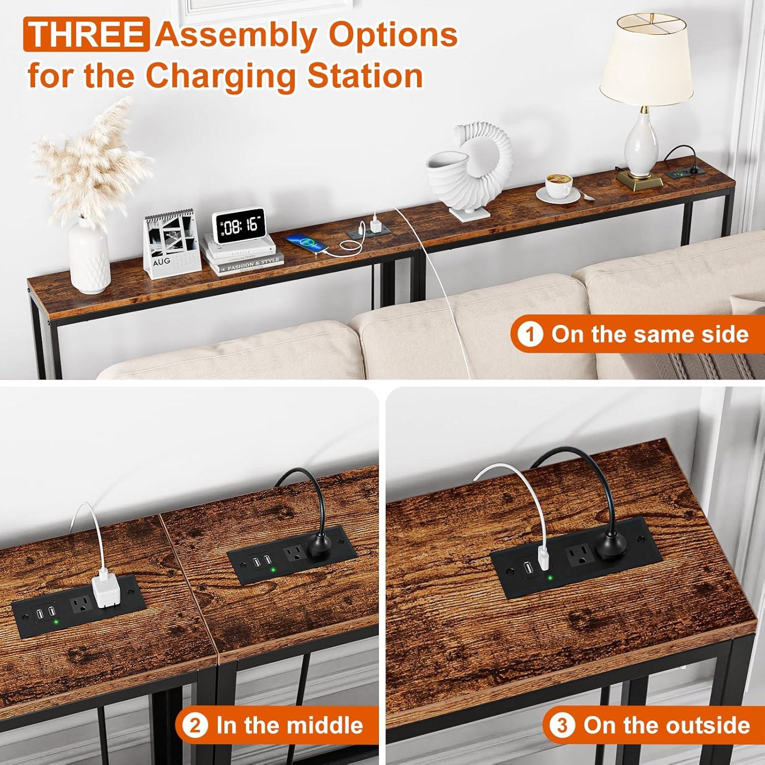 Rustic Brown Narrow Sofa Table with Power Outlets & USB Ports