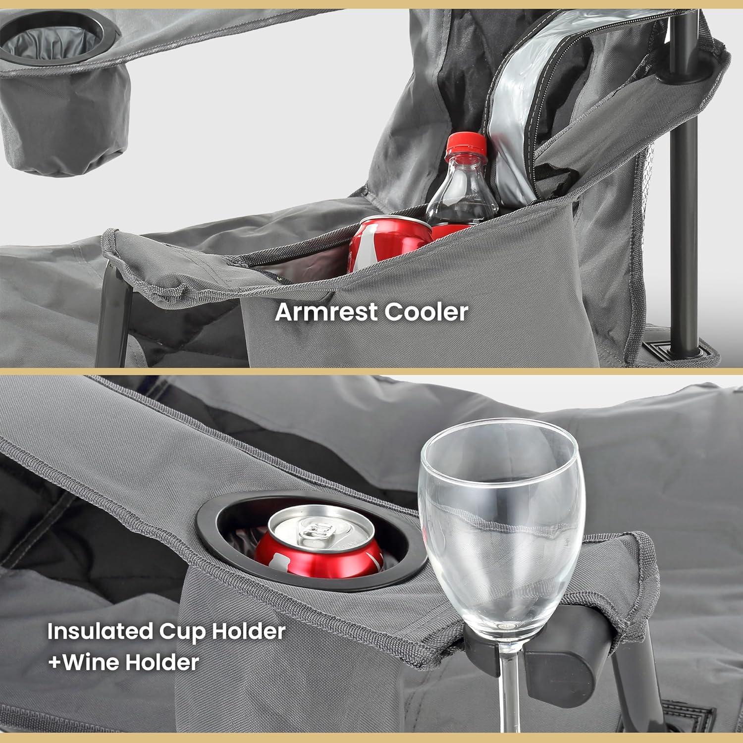 ARROWHEAD OUTDOOR Folding Camping Quad Chair w/ 6-Can Cooler, Cup & Wine Glass Holders, w/ Carrying Bag, Gray