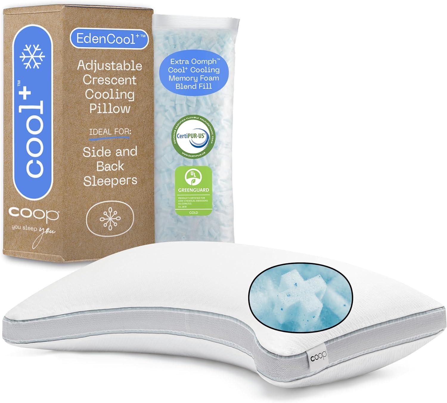 Coop Home Goods The Eden Cool+ Crescent Adjustable Pillow, King Size Plus Memory Foam with Cooling Gel, Neck Support, Back or Side Sleeper Pillow