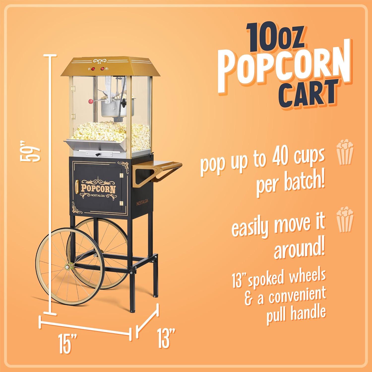 Vintage Black and Gold Popcorn Cart with Stainless Steel Kettle