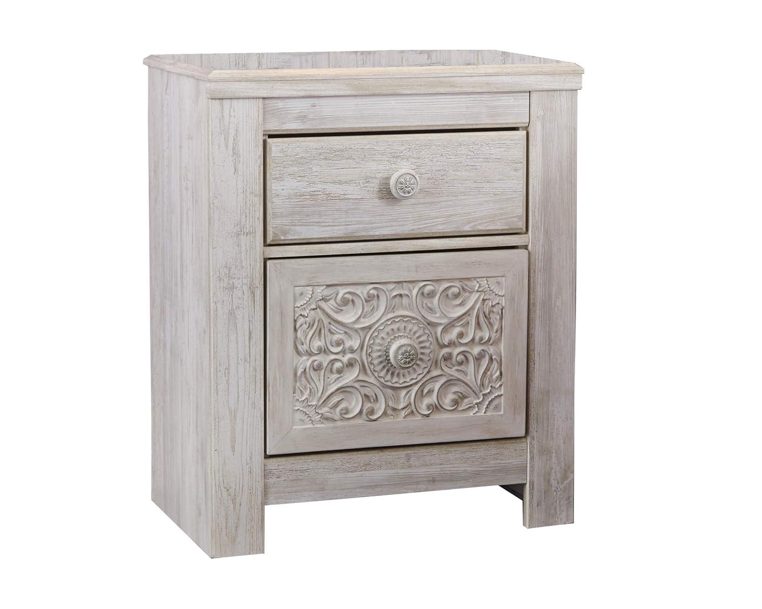 Paxberry Two Drawer Nightstand White Wash - Signature Design by Ashley: Traditional Style, USB Port, Storage Function