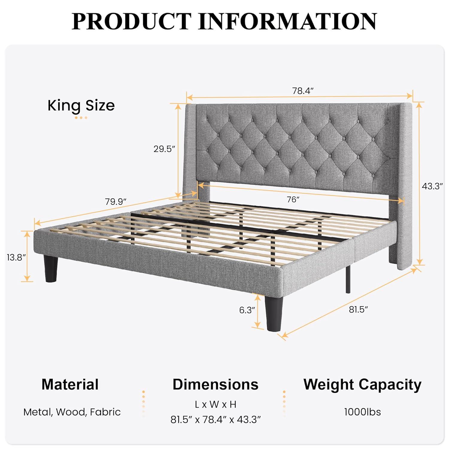Allewie King Size Upholstered Platform Bed Frame with Fabric Wingback Button Tufted Headboard, Light Grey
