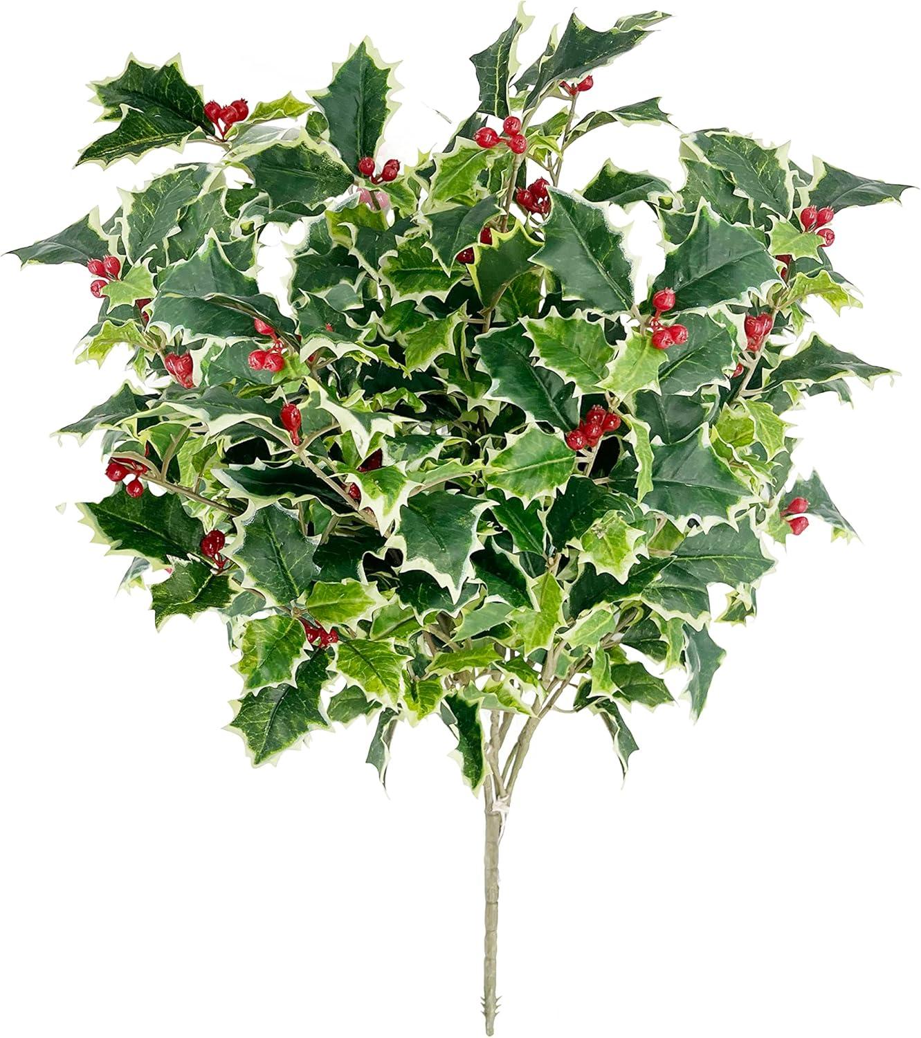 Artificial Holly Leaves Berries Christmas Bush