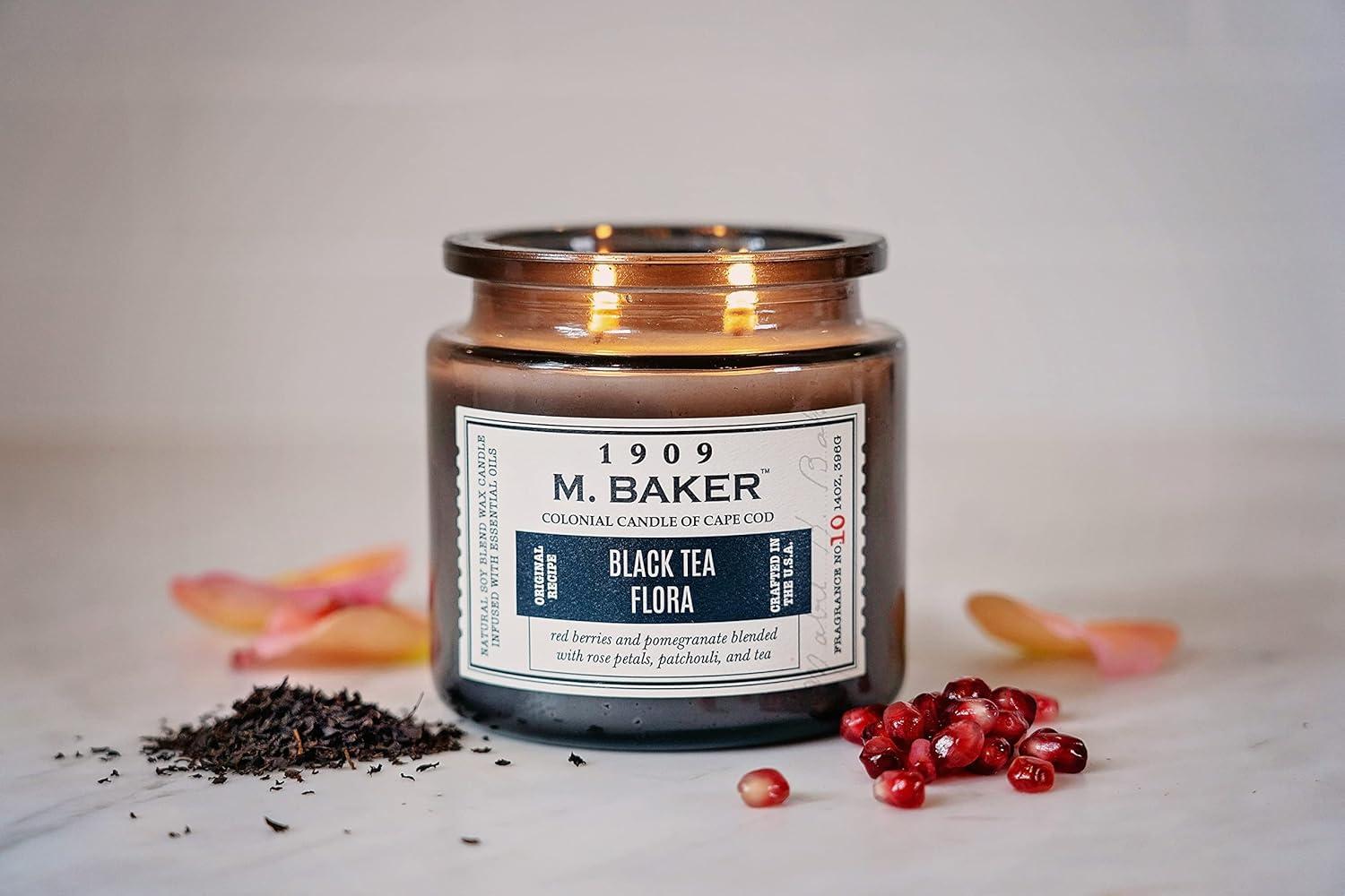 Colonial Candle M Baker Black Tea Flora Scented Jar Candle, 2 Wick, 14 oz, 60 Hours Burn, Floral