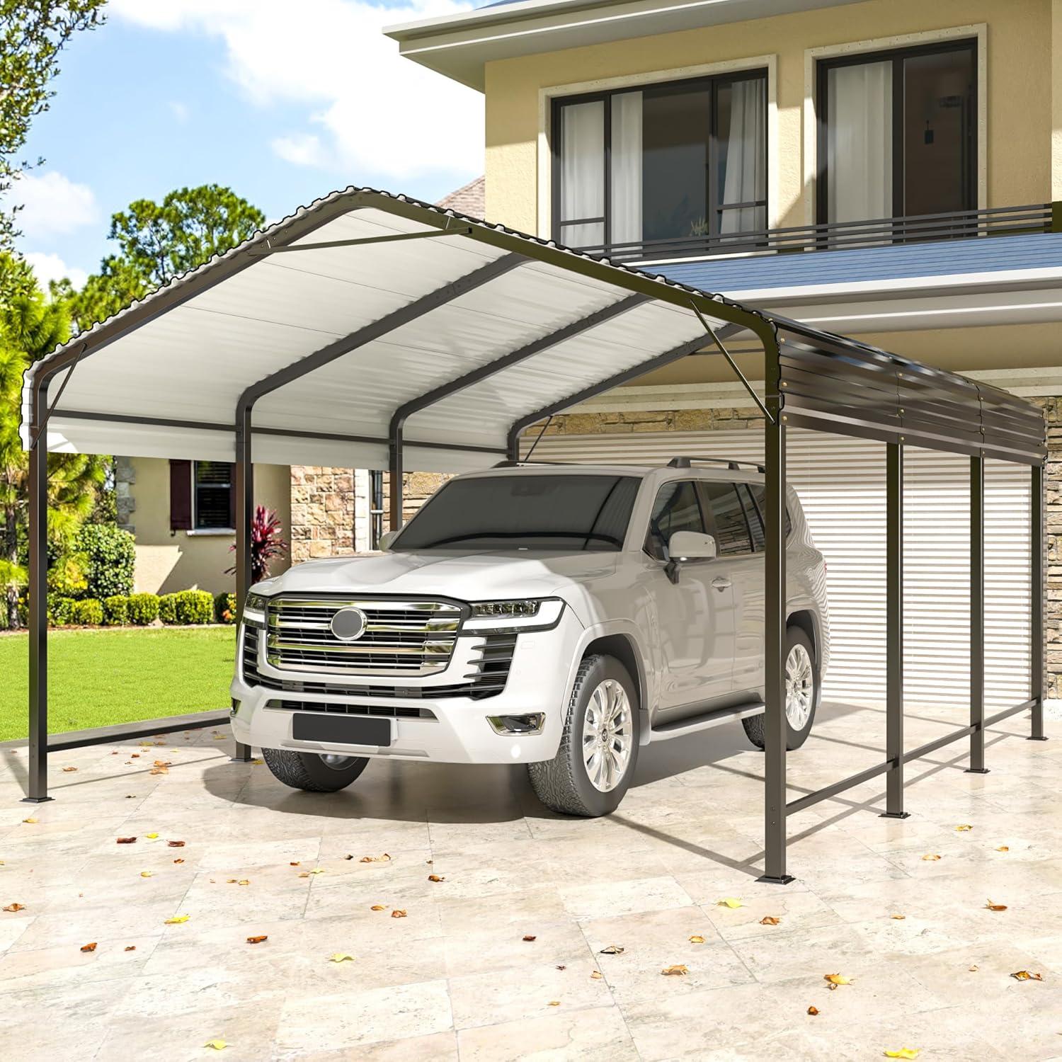 Black 10x15 FT Metal Carport with Peak Roof