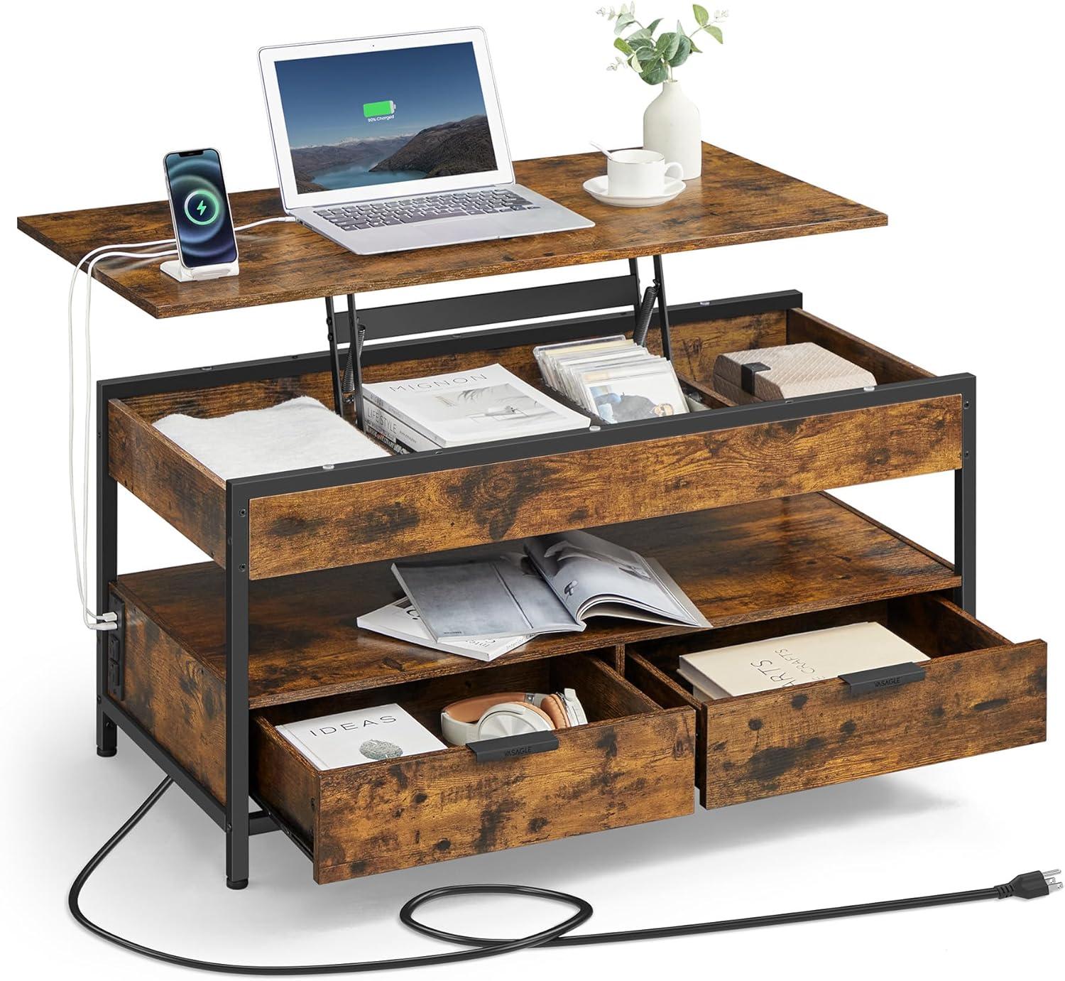 VASAGLE Lift Top Coffee Table with Storage Drawers, Coffee Table for Living Room with Lifting Top, Hidden Compartments and Open Shelf, Rustic Brown and Ink Black ULCT209K01