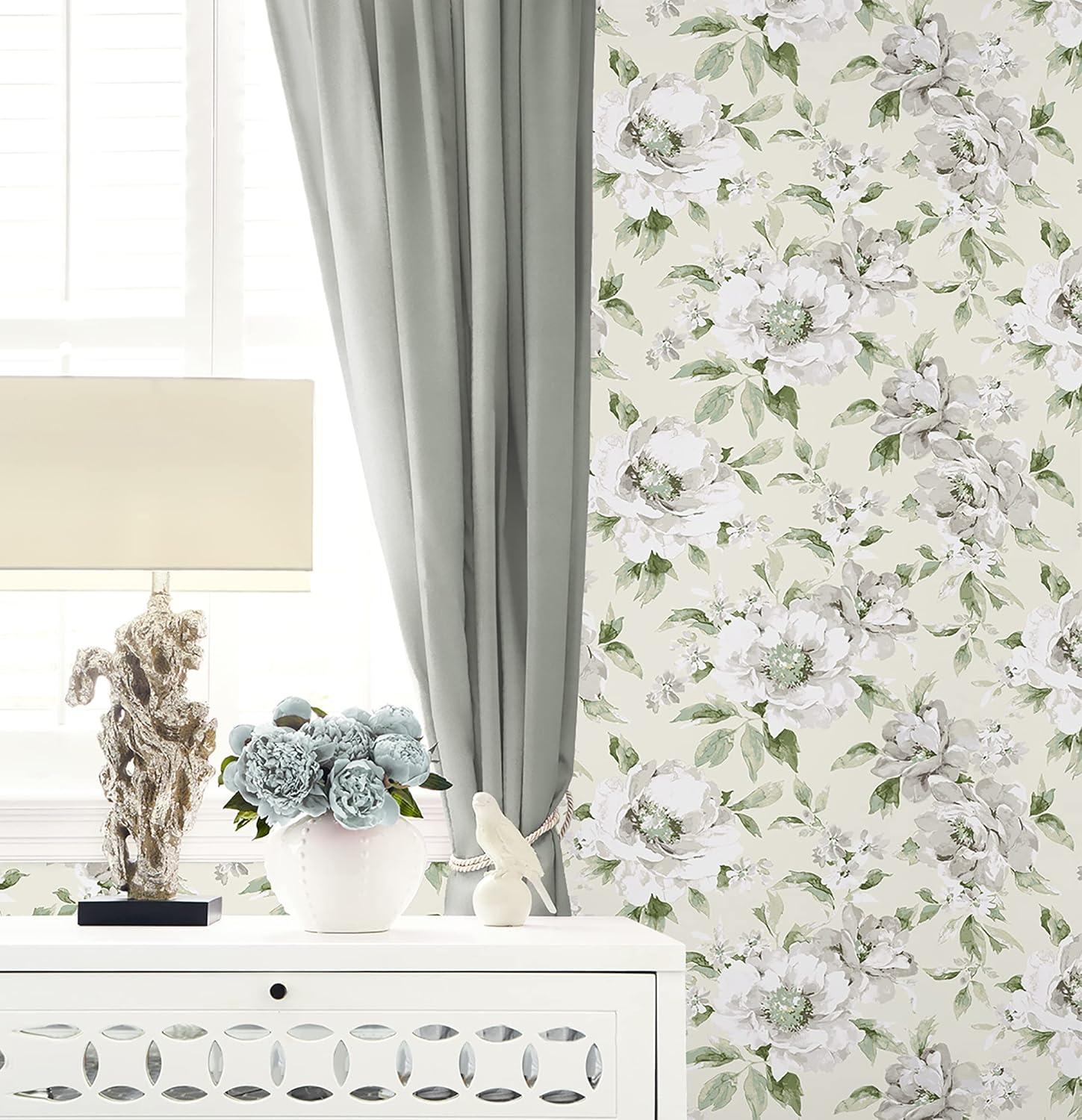 Surface Style - Peel and Stick Wallpaper, Whimsical Wallpaper for Bedroom, Dorm Room Essentials, Self Adhesive, Vinyl, 30.75 Sq Ft Coverage (Whispery Floral Collection, Celadon)