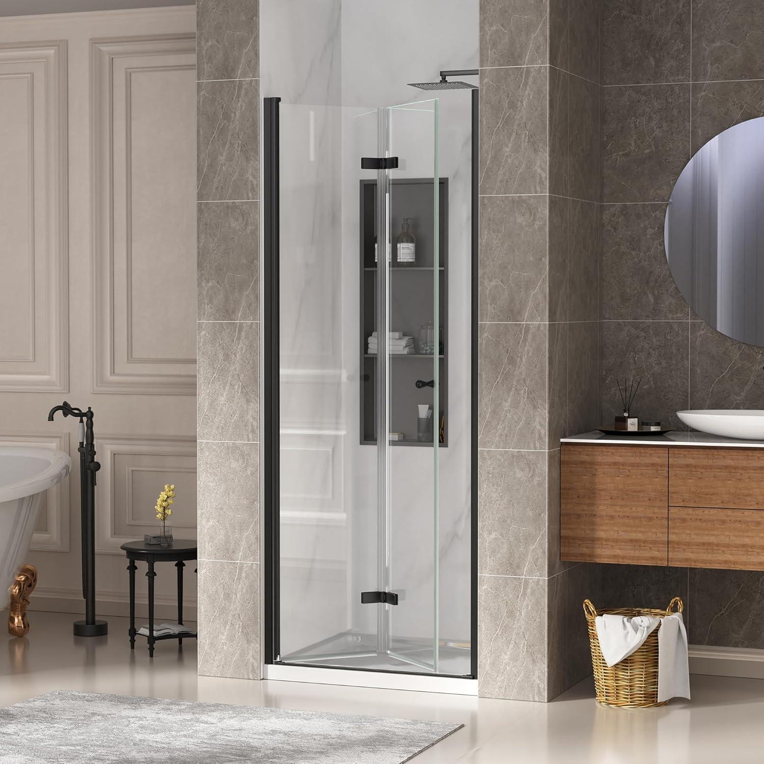 Bifold Shower Door, 31-32" W × 72" H Frameless Bathroom Glass Folding Shower Doors, Reversible Installation, 1/4" (6mm) Clear Tempered Glass Door for Walk-in Shower, Matte Black