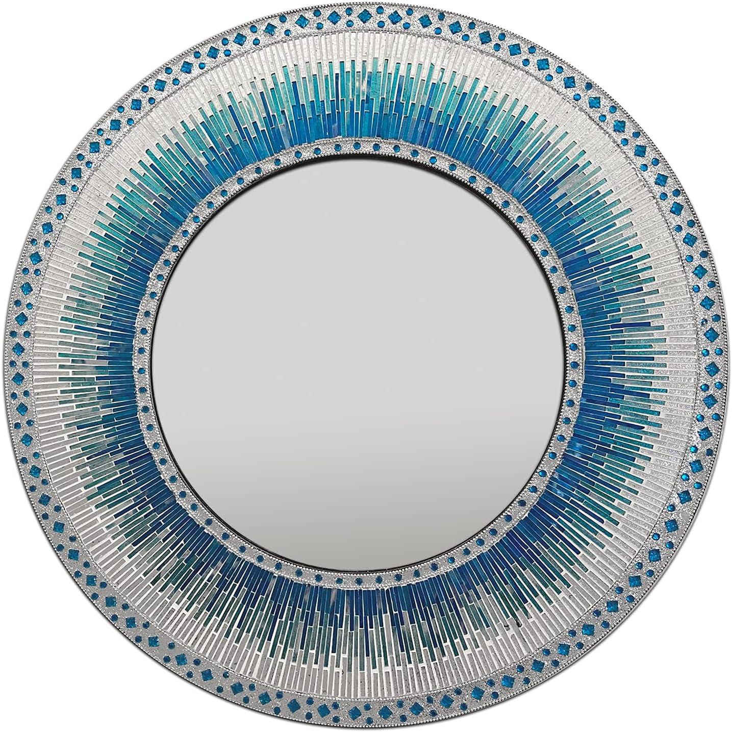 DecorShore 24" Round Decorative Mosaic Wall Mirror in Shades of Ocean Blue, Aqua, Silver, and Teal