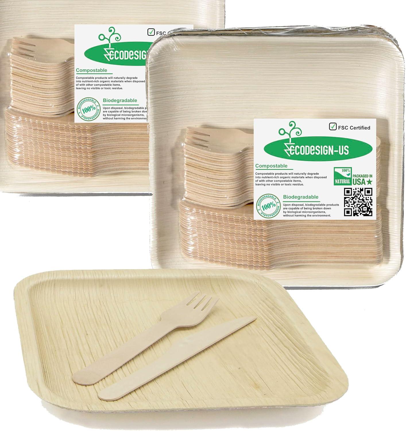 50 Disposable 8" Square Palm Leaf Plates, 50 Wood Forks, 50 Wood Knives - Party Pack of Eco-Friendly Dinnerware