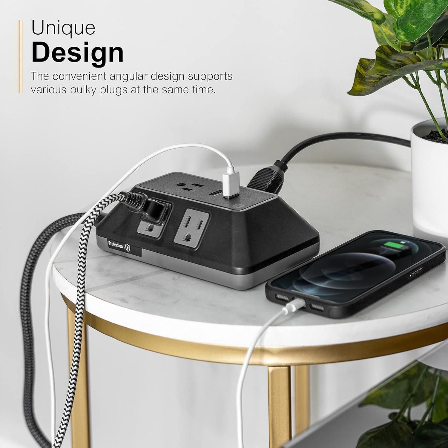 GE Adapt 5-Outlet Surge Protector Power Strip, USB Hub, 3ft Braided Cord, Black