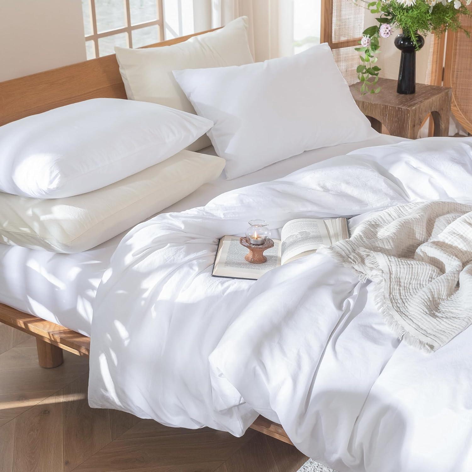 MOOMEE Linen Like Textured 100% Washed Cotton Twill Duvet Cover Set Ultra Soft