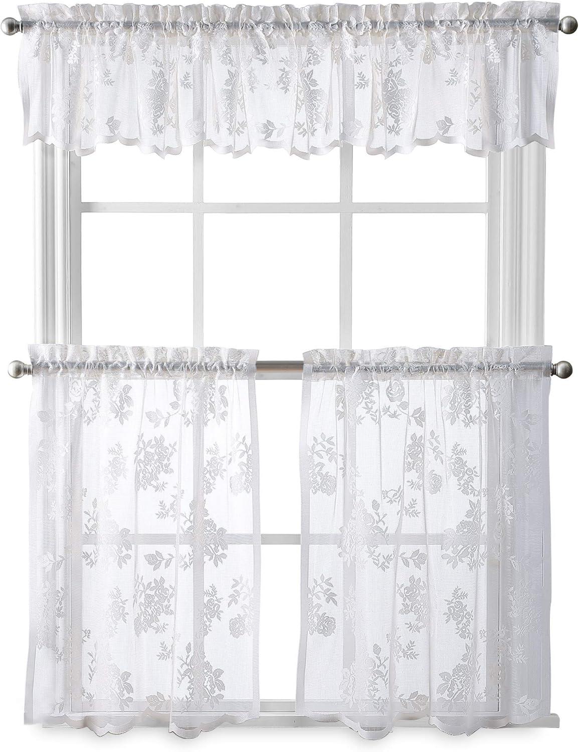 Curtainworks Sibella Lace Cotton, Polyester Sheer Rod Pocket Tier Pair, White, 56"x36", Set of 2, Adult