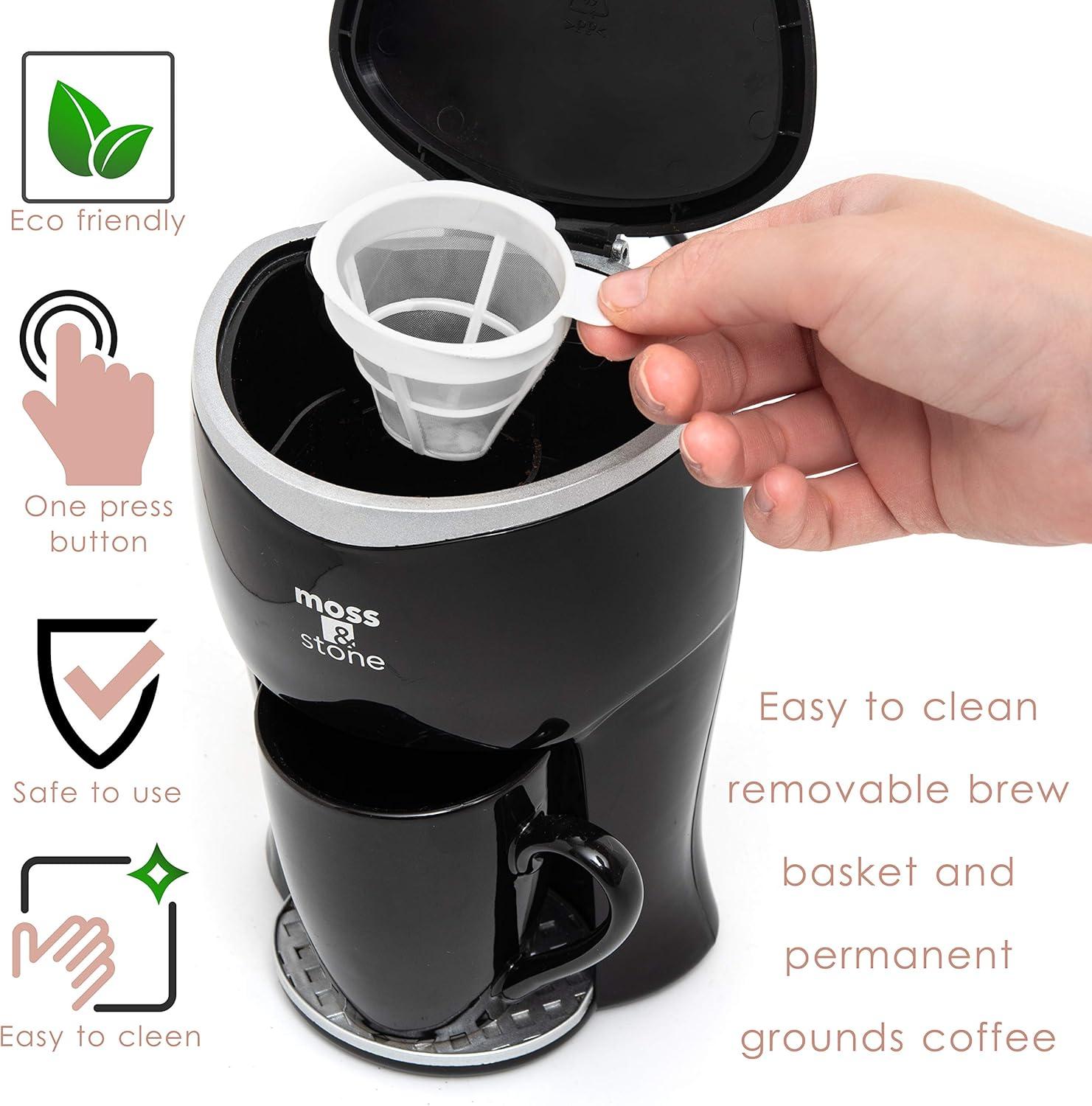 Moss & Stone Mini Drip Coffee Maker with Mug, Small Coffee Pot, One Cup Coffee Machine (1 Drip & 4oz Mug)