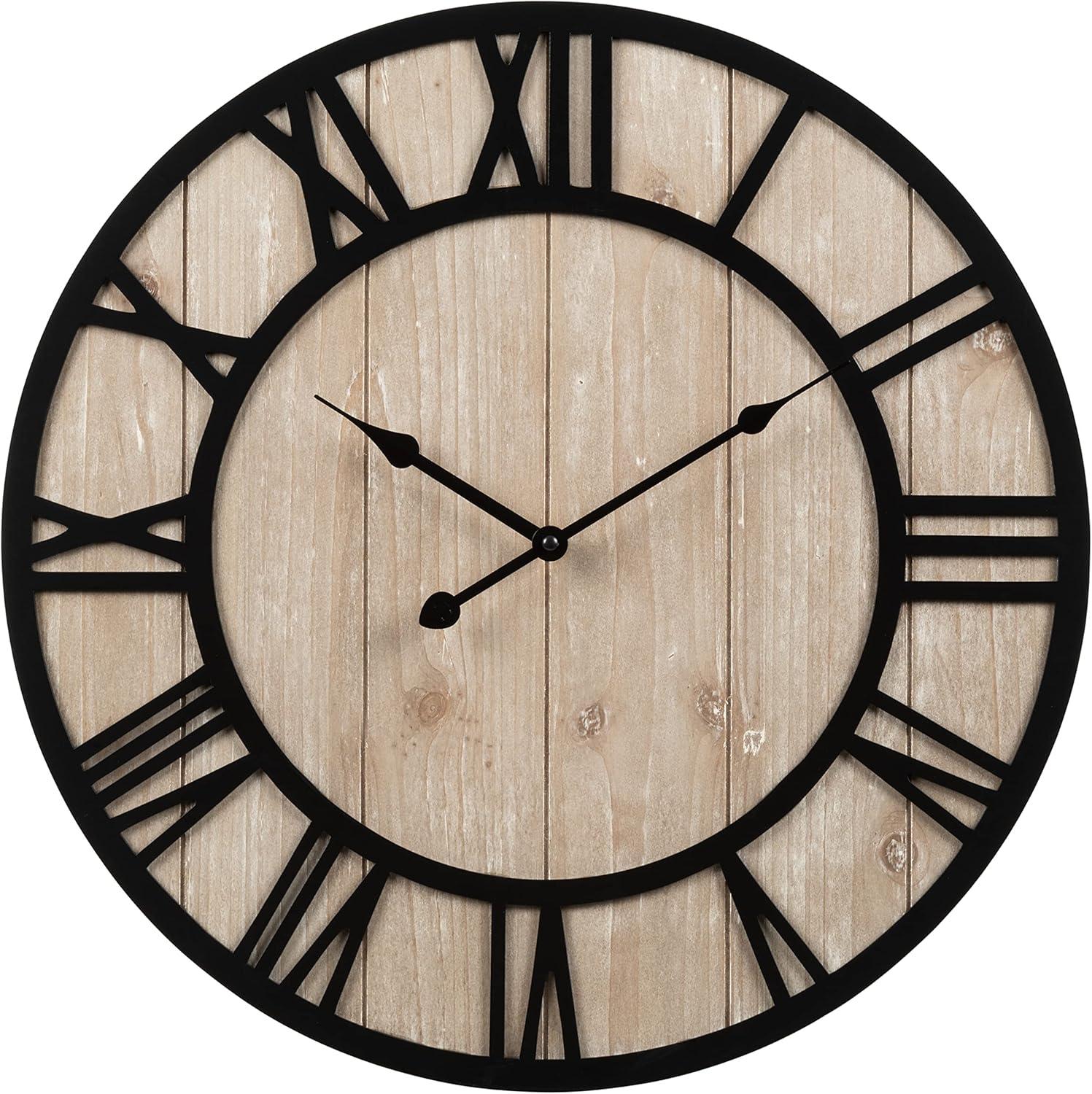 Harper 19.7-Inch Black and Distressed Wood Roman Numeral Wall Clock