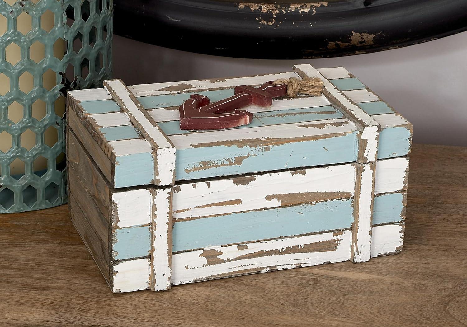 DecMode Teal Wood Decorative Box with Anchor Detail and Hinged Lid, 2 Count