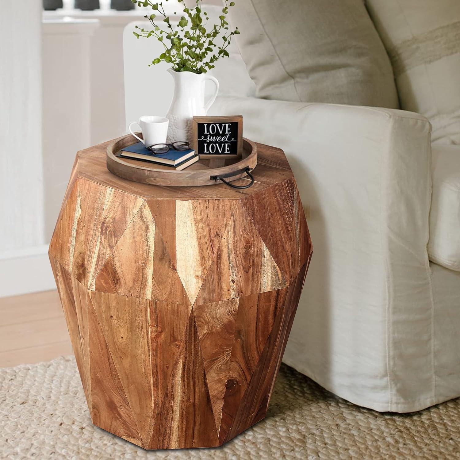 The Urban Port UPT-238449 21.5 in. Faceted Handcrafted Mango Wood Side End Table with Octagonal Top, Natural Brown