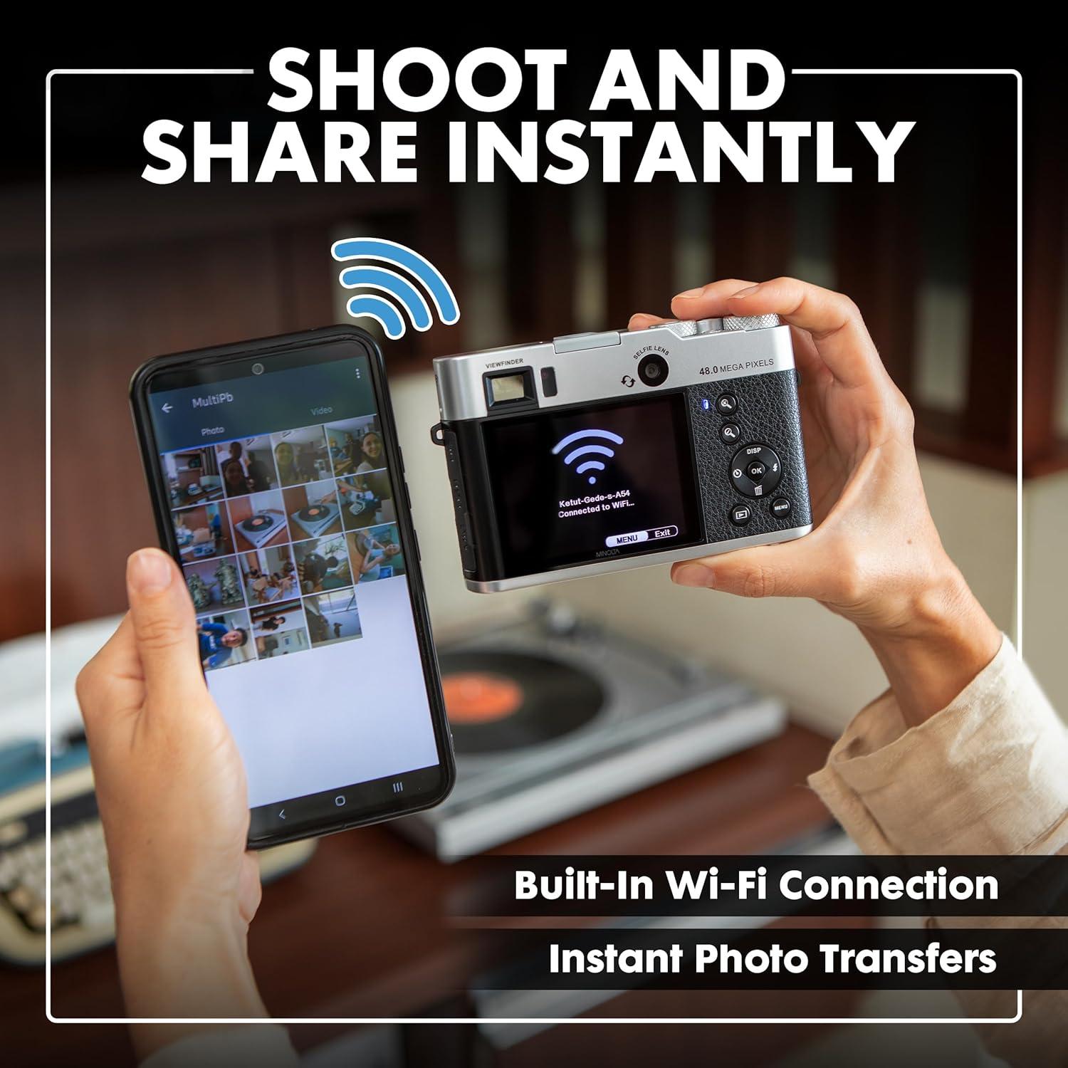 Minolta MND70 Retro 48 MP Autofocus Digital Camera with 5K Ultra HD Video, Rear Selfie Lens & WiFi, Silver