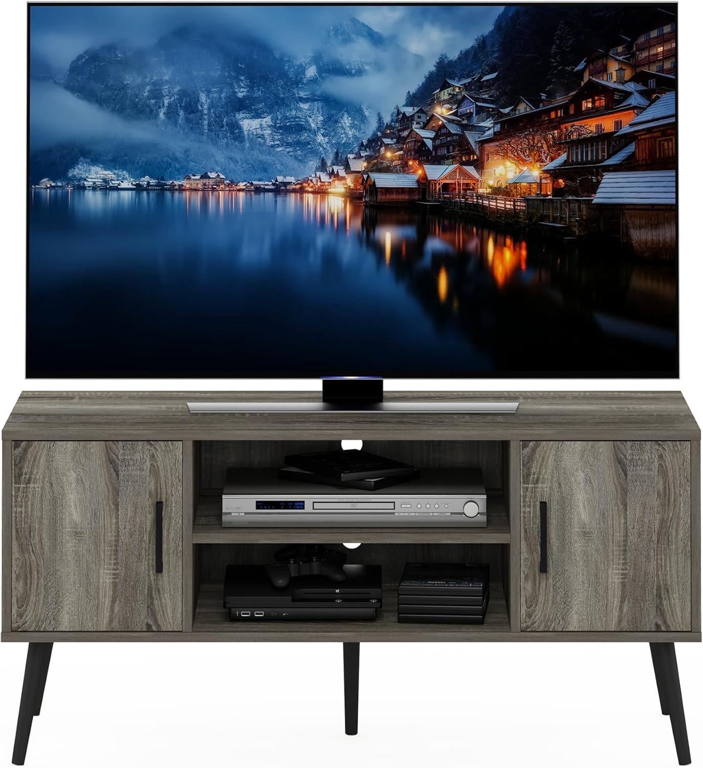 Furinno Mid-Century TV Stand Entertainment Media Console w/2 Cabinets&Open Storage Shelves for TVs up to 50",French Oak Grey