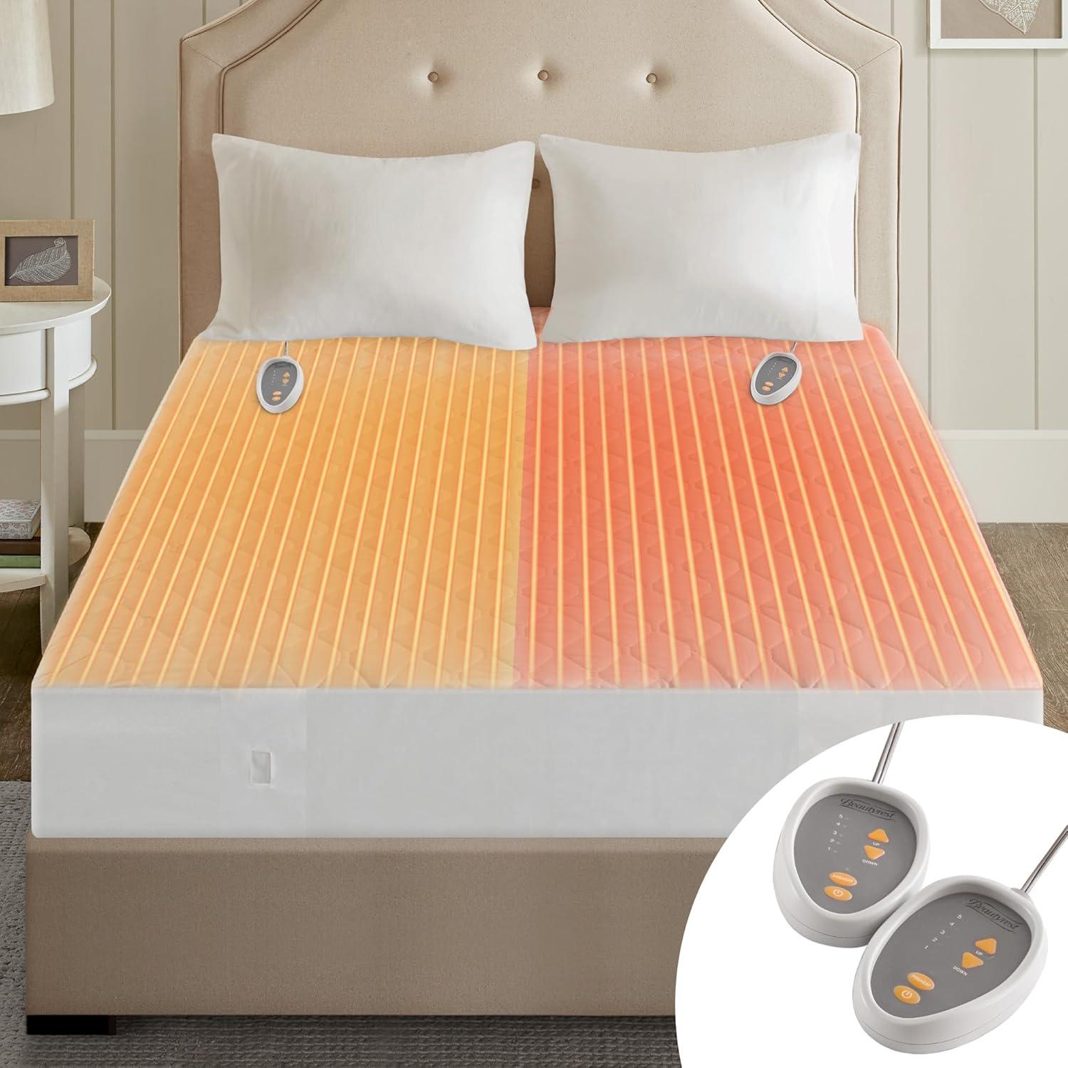 Cotton Blend Heated Mattress Pad (Queen) White - Beautyrest: 5 Heat Settings, Machine Washable, Fits 18" Mattress