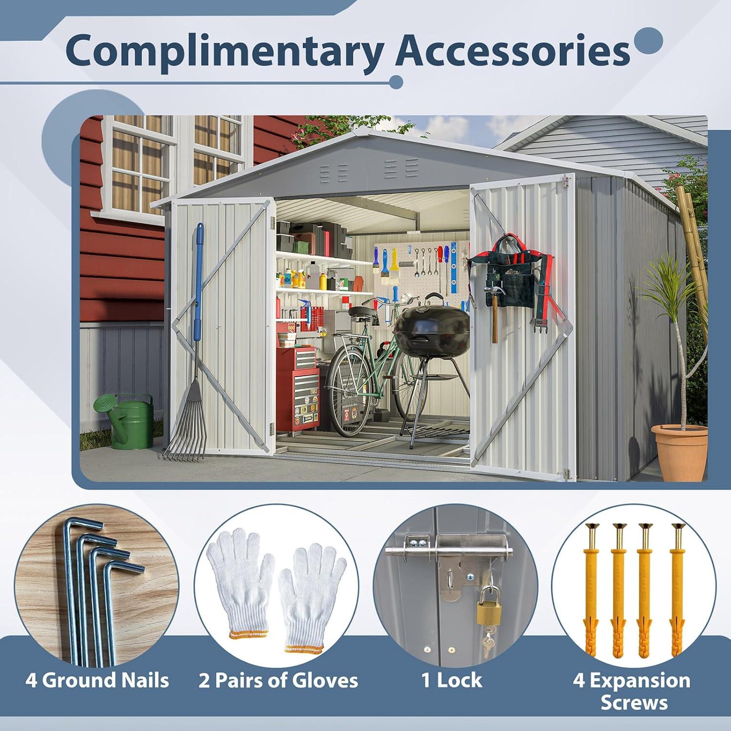 Gray Metal Outdoor Storage Shed with Lockable Doors