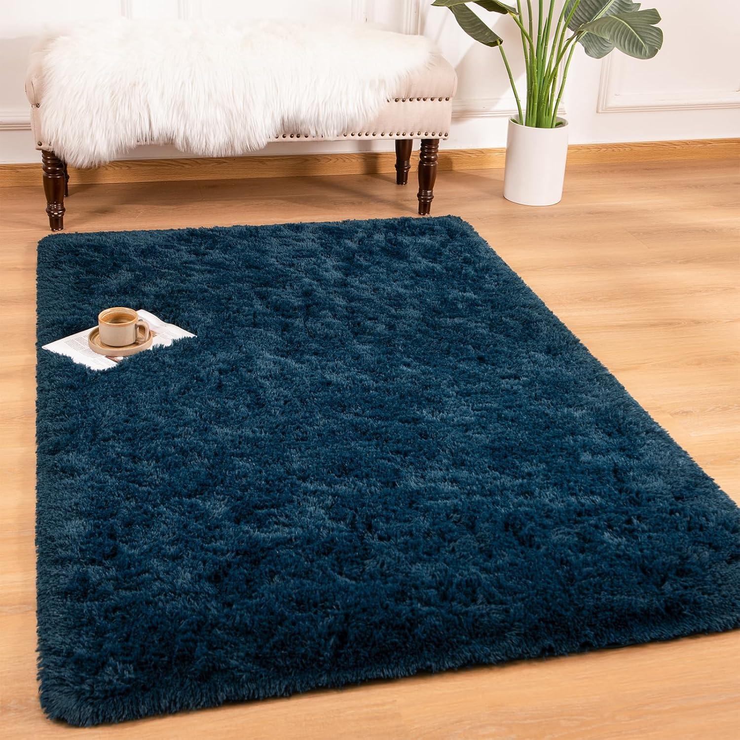 Shag Area Rug For Living Room, 4X6 Feet Navy Blue Soft Fluffy Indoor Plush Throw Rugs For Bedroom Girls Kids Room Nursery Dorm Home Decor Carpet