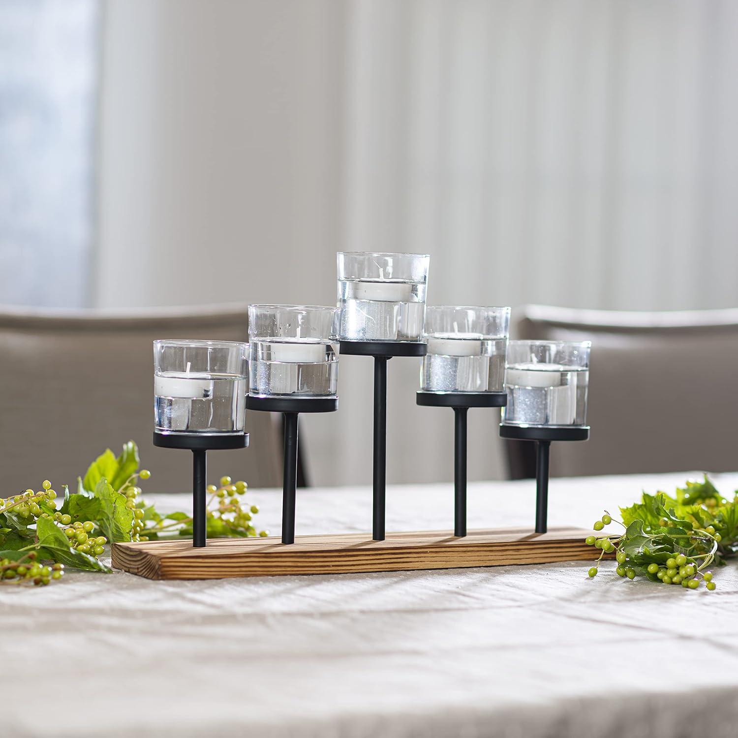 Le'raze Elegant Decorative Votive Candle Holder Centerpiece, 5 Glass Cups on Wood Base-Tray