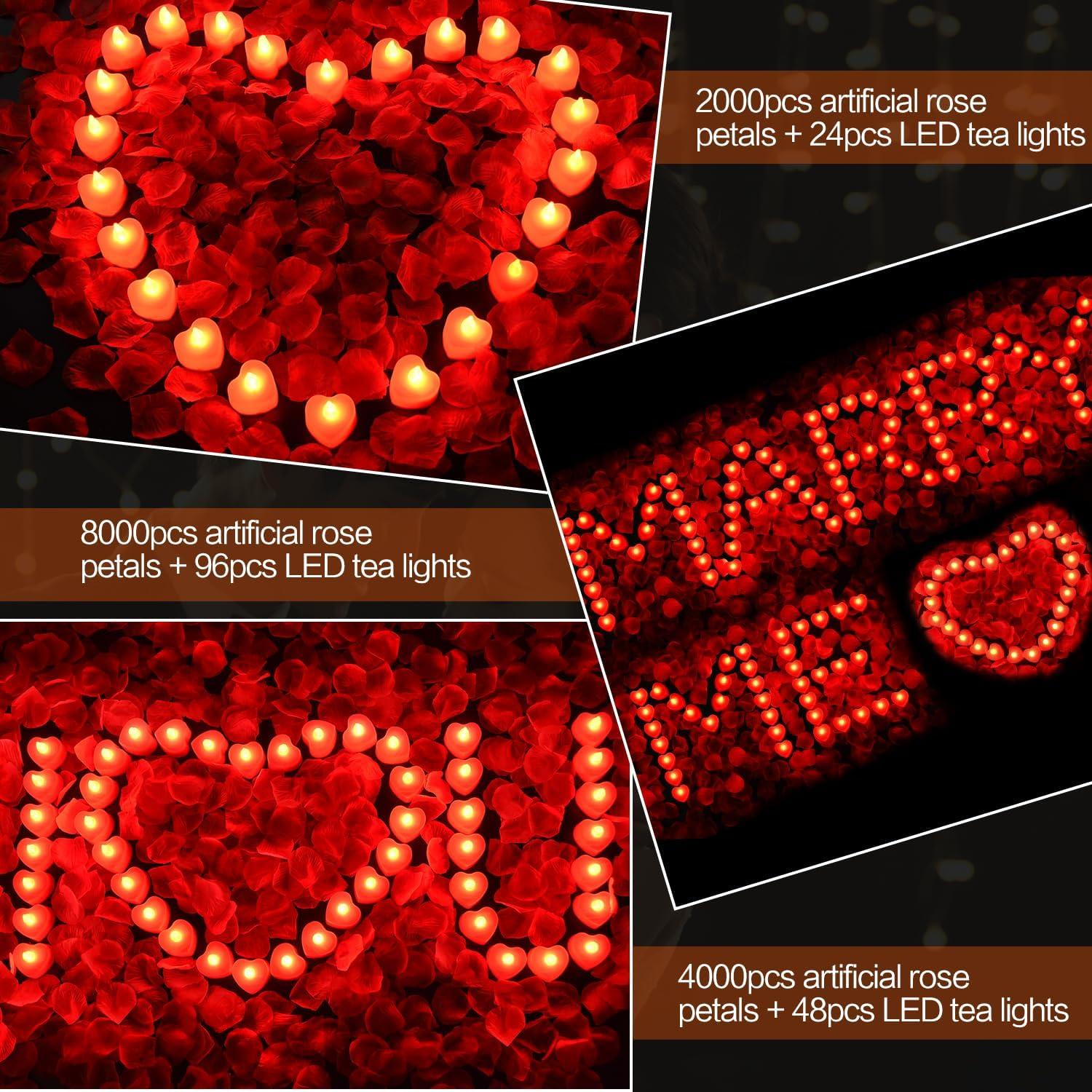 Red Flameless LED Tealights with Artificial Rose Petals Kit