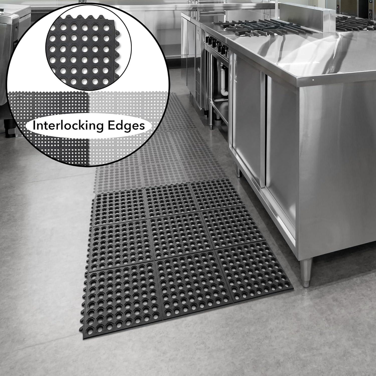 GRIDMANN Commercial Restaurant Floor Mat, 36" x 36" Interlocking Mat, Non-Slip and Grease Resistant Anti-Fatigue Rubber Kitchen Drainage Mat, Black