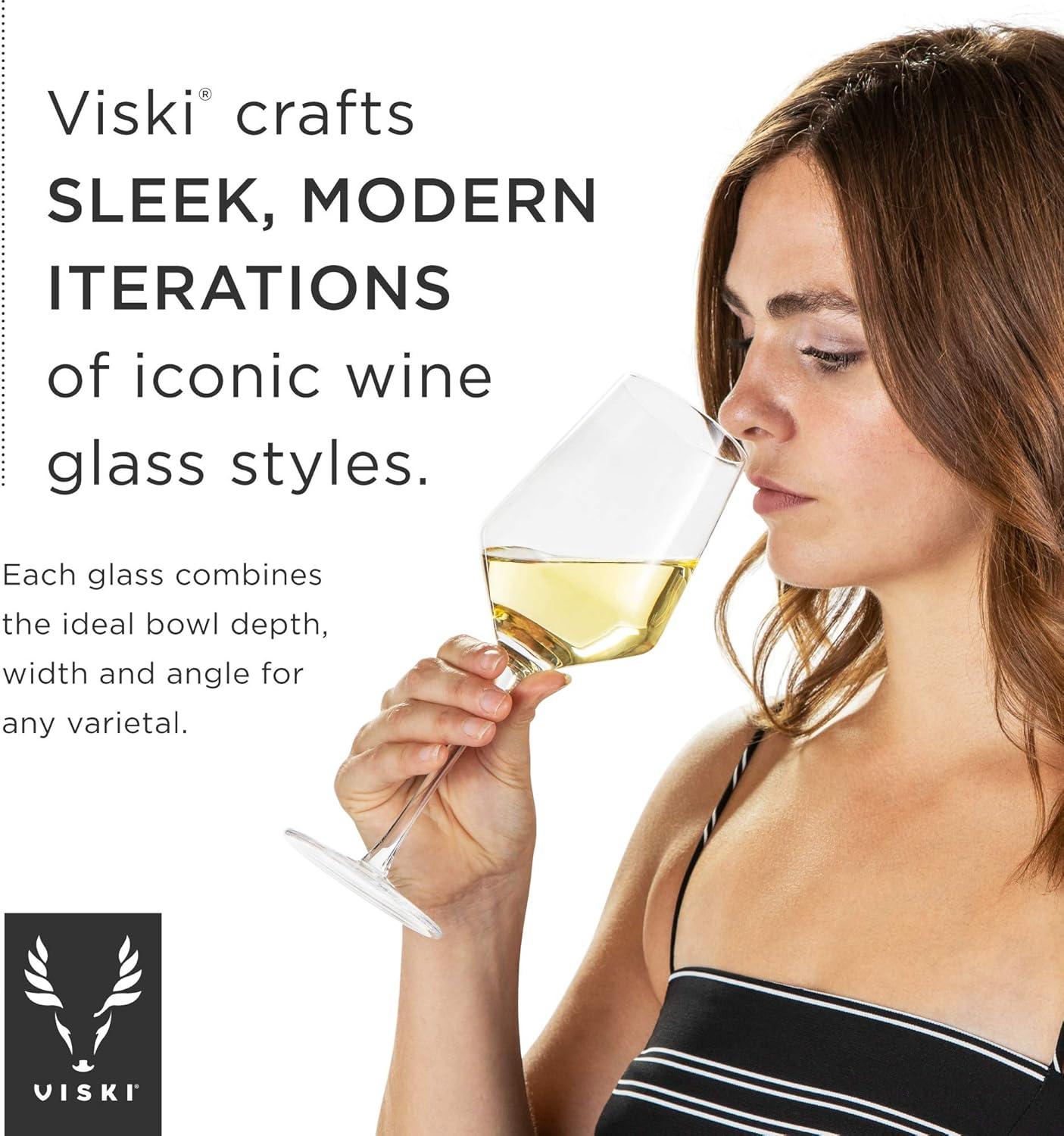 Viski Raye Angled Crystal Bordeaux Wine Glasses Set of 2 - Premium Crystal Clear Glass, Modern Stemmed, Flat Bottom Red Wine Gift Set - 16oz