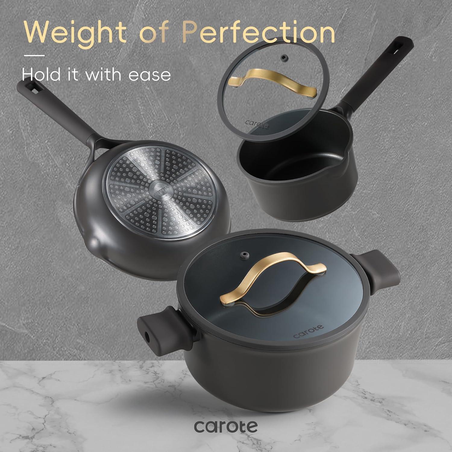 Carote 16 Pcs Nonstick Cookware Sets, Premium Pots and Pans Set, Easy to Clean, Grey and Gold