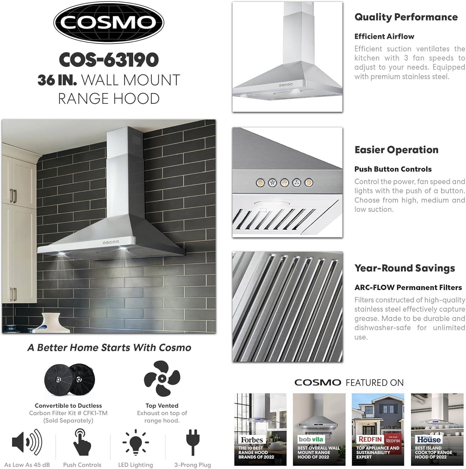 Cosmo 36 in. Ducted Wall Mount Range Hood in Stainless Steel with LED Lighting and Permanent Filters