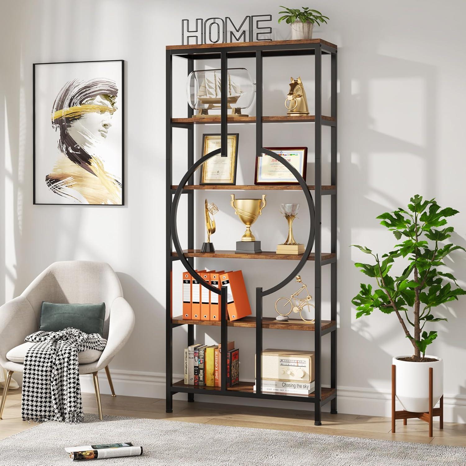 70.9 Inch Industrial Bookshelf  6-Tier Tall Bookcase with Open Shelves  Wood and Metal Display   Shelves for Bedroom  Living Room and  Office  Vintage Brown