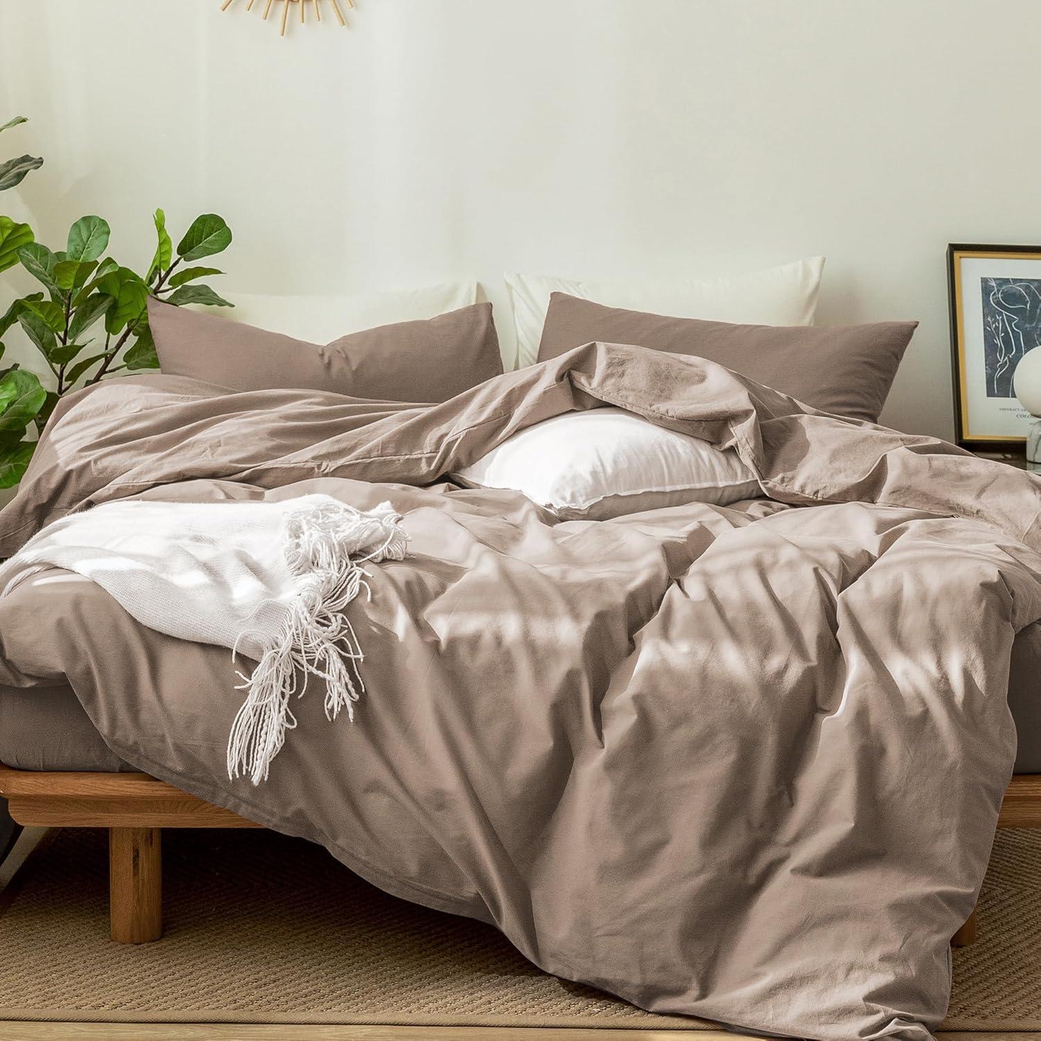 MooMee Washed Cotton Duvet Cover Set Linen Like Textured Breathable 3-Piece (Brown, Queen)