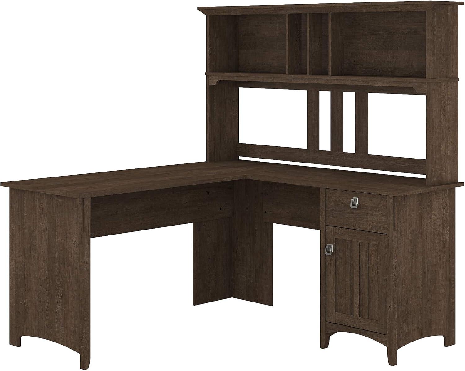 Bush Furniture Salinas Farmhouse 60 in L Shape Desk with Hutch, Box Drawer and Storage Cabinet in Ash Brown (Ships in 2 boxes)