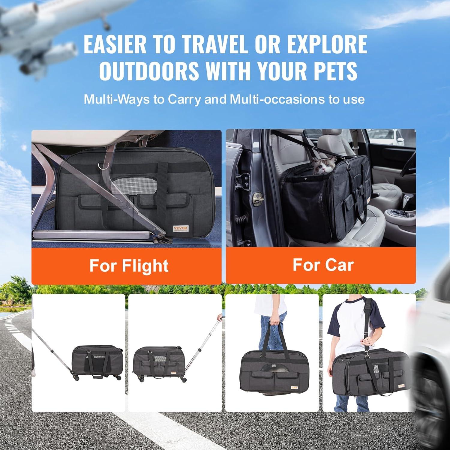 VEVOR Large Cat Dog Carrier with Wheels for Under 35lbs, Rolling Pet Carrier with Upgraded Wheels, Foldable Wheeled Dog Travel Carrier (Not for Airline)
