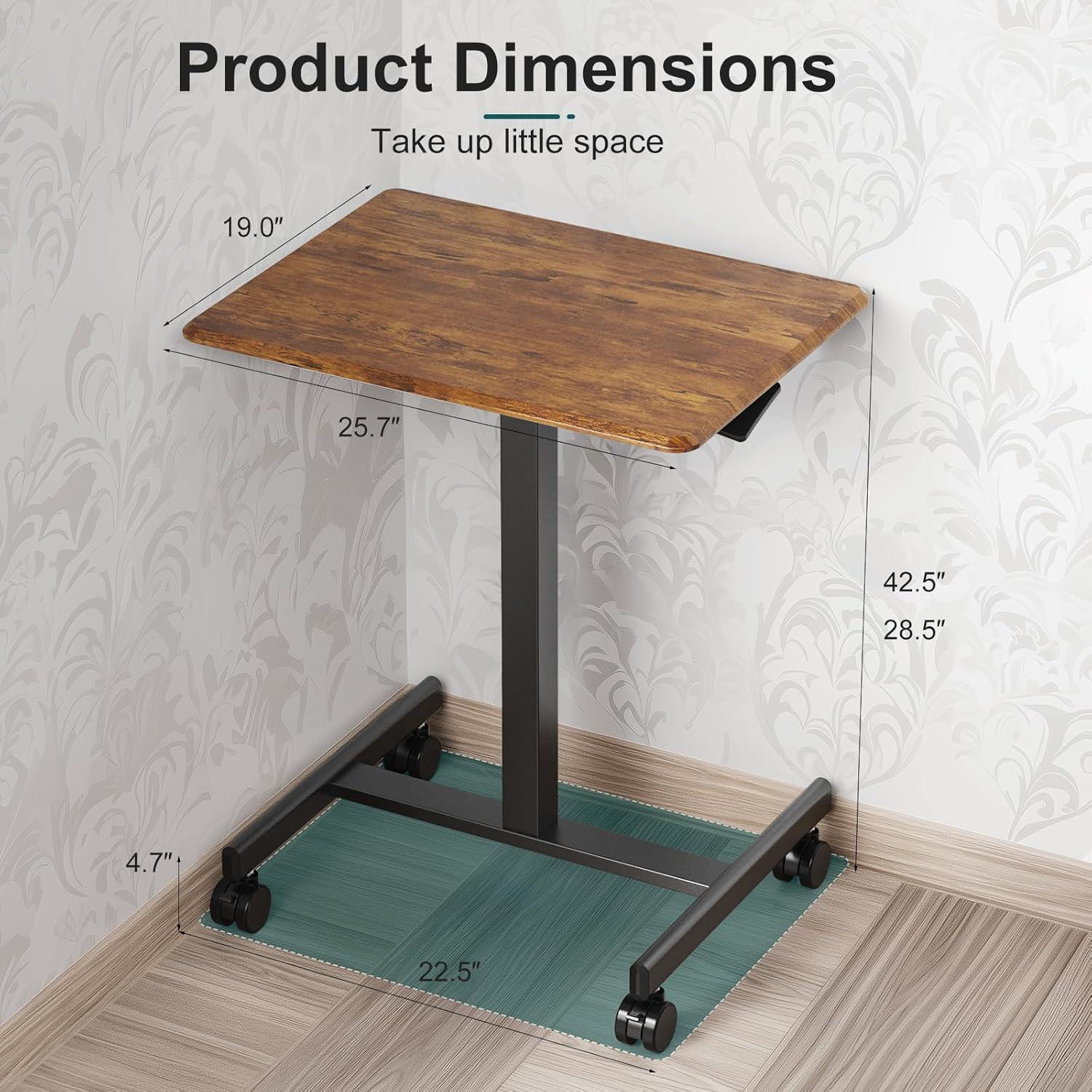 DUMOS Small Standing Desk Mobile Portable Rolling Laptop PC Table on Wheels Adjustable Height Computer Workstation for Home Office, 19 Inch, Brown