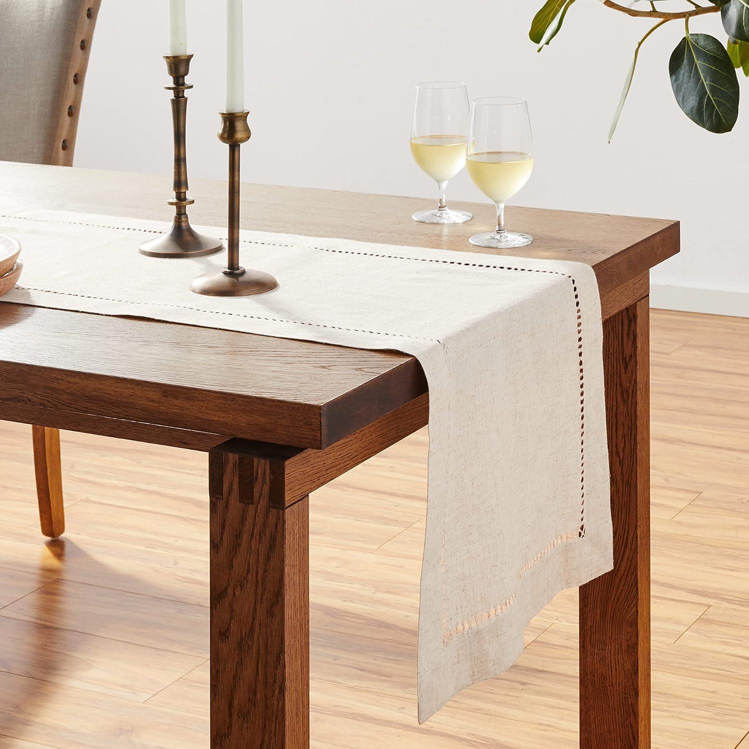 Natural Poly-Linen Blend Hemstitched Table Runner