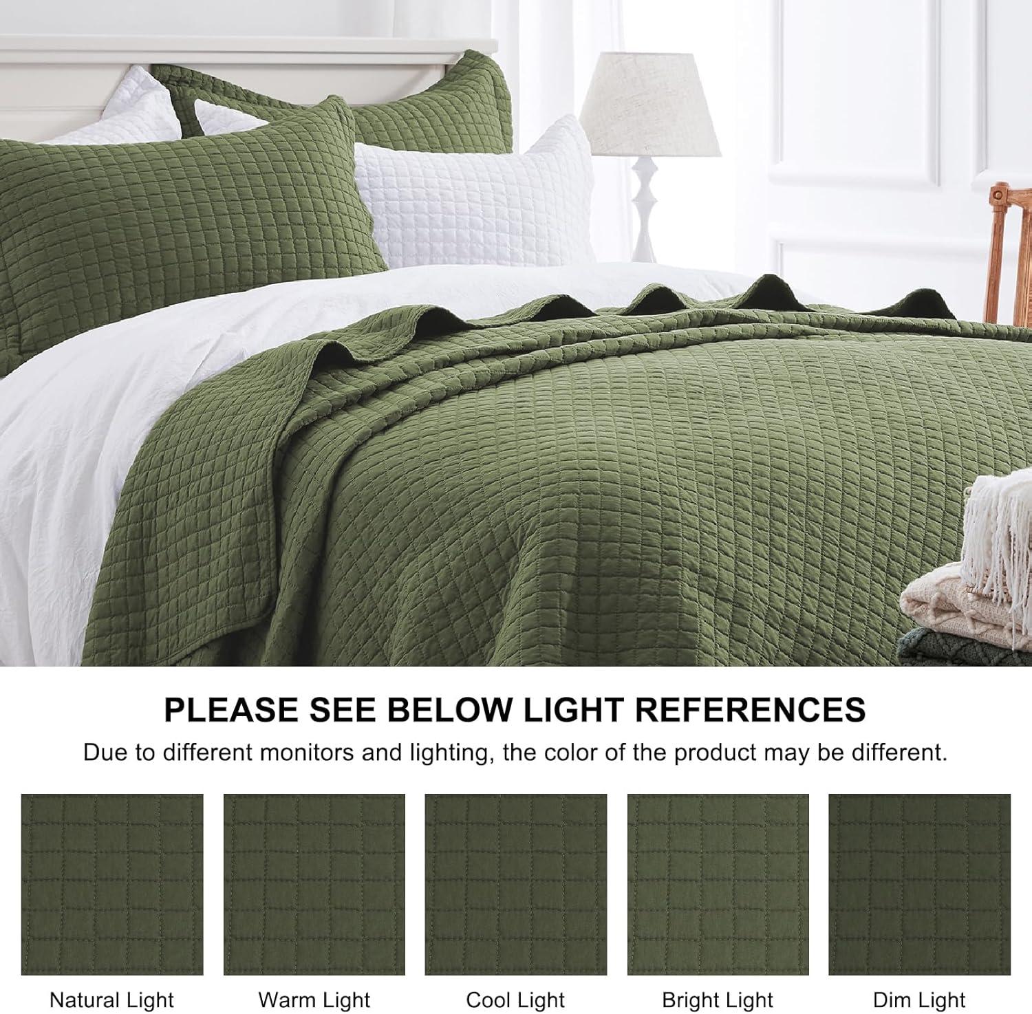 SunStyle Home Olive Green Quilt, Queen Size Quilt Set Lightweight Blanket Bedspread Full Soft Reversible Coverlet All Season 3pcs Army Green Square Quilted Bedding Sets with 2 Pillow Shams(90"x96")