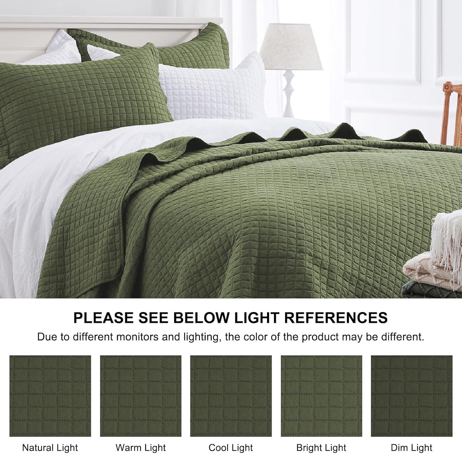 SunStyle Home Olive Green Quilt, Queen Size Quilt Set Lightweight Blanket Bedspread Full Soft Reversible Coverlet All Season 3pcs Army Green Square Quilted Bedding Sets with 2 Pillow Shams(90"x96")