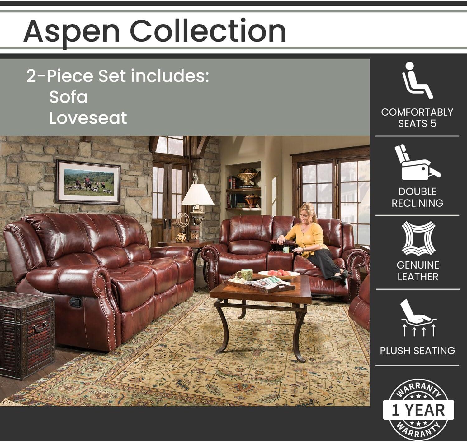 Aspen Oxblood Genuine Leather Reclining Sofa and Loveseat Set