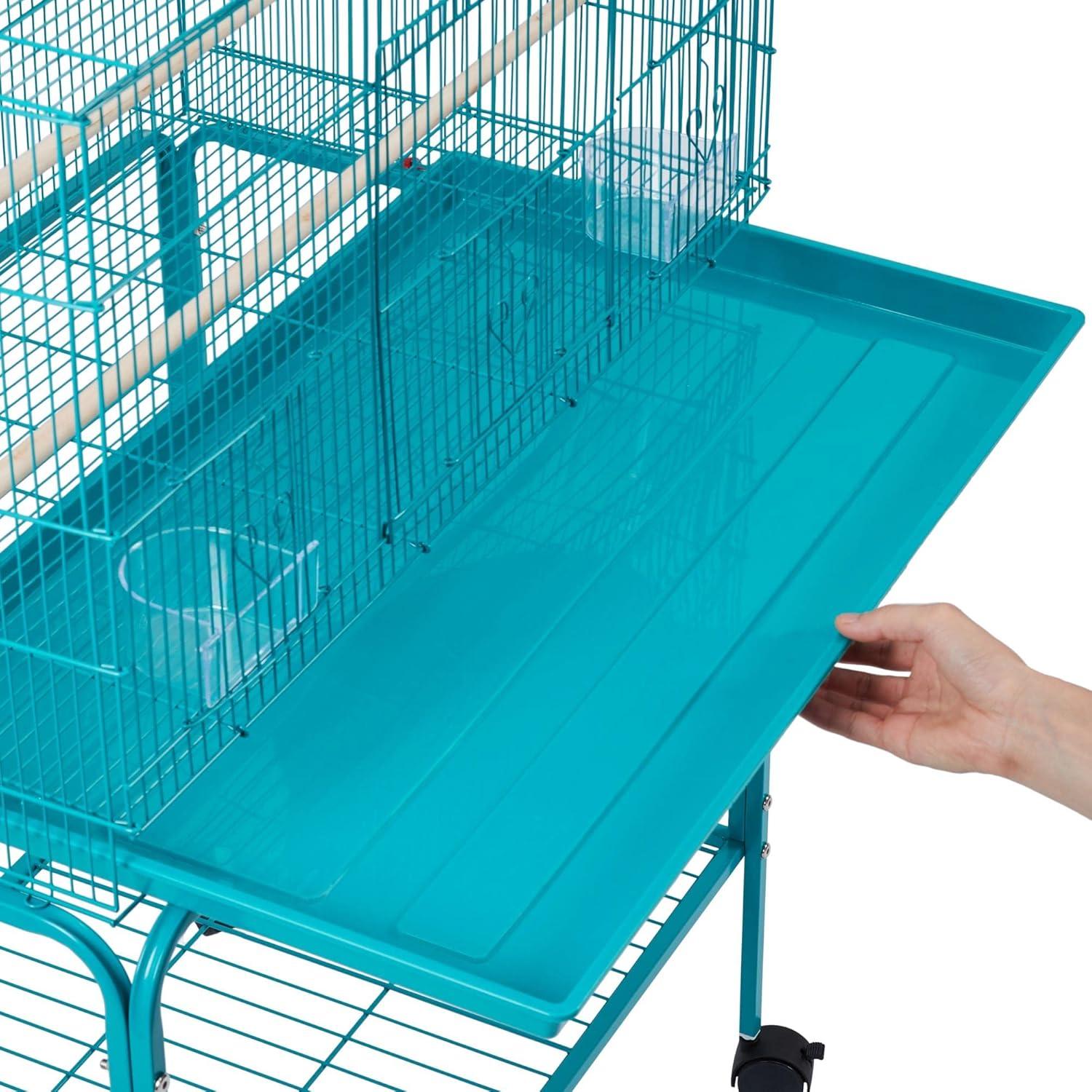 Teal Blue 47" Rolling Stand Flight Bird Cage with Slide-Out Tray