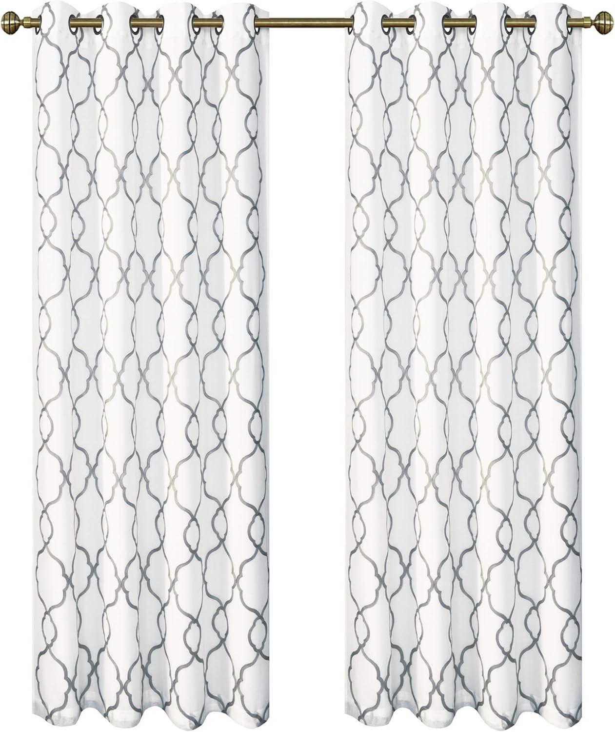 Gray Embroidered Semi-Sheer Grommet Window Panels, 84" Length