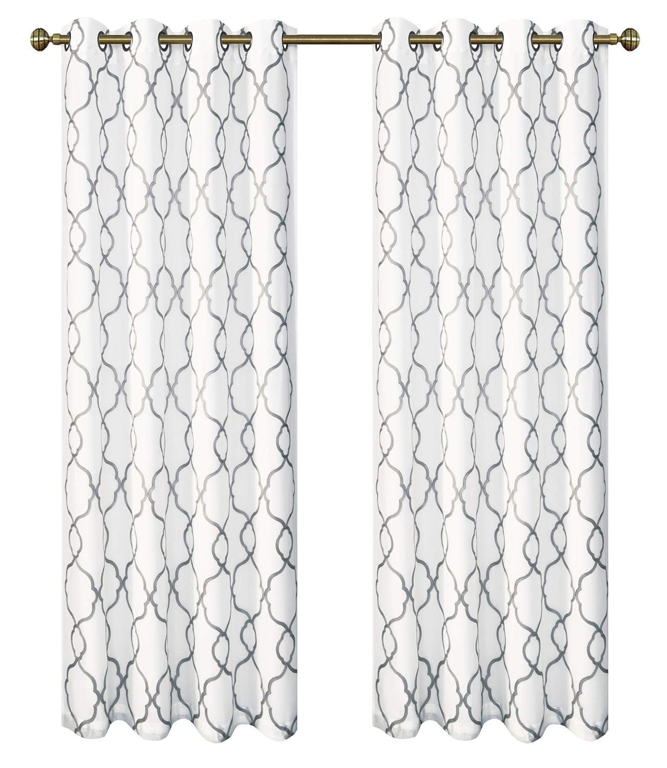 GoodGram 2 Pack Embroidered Semi Sheer Geometric Quatrefoil Grommet Top Window Curtains with Satin Backing for Privacy - Assorted Colors & Sizes (Gray, 84 in. Long)