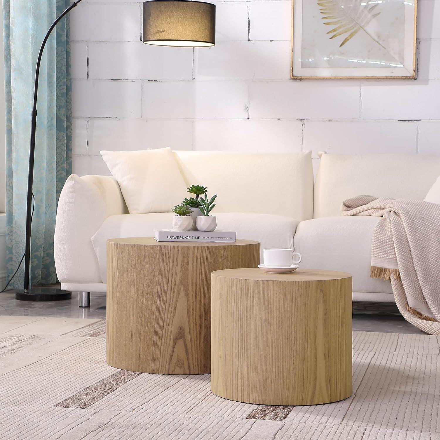 Oak Round Nesting Coffee and End Table Set