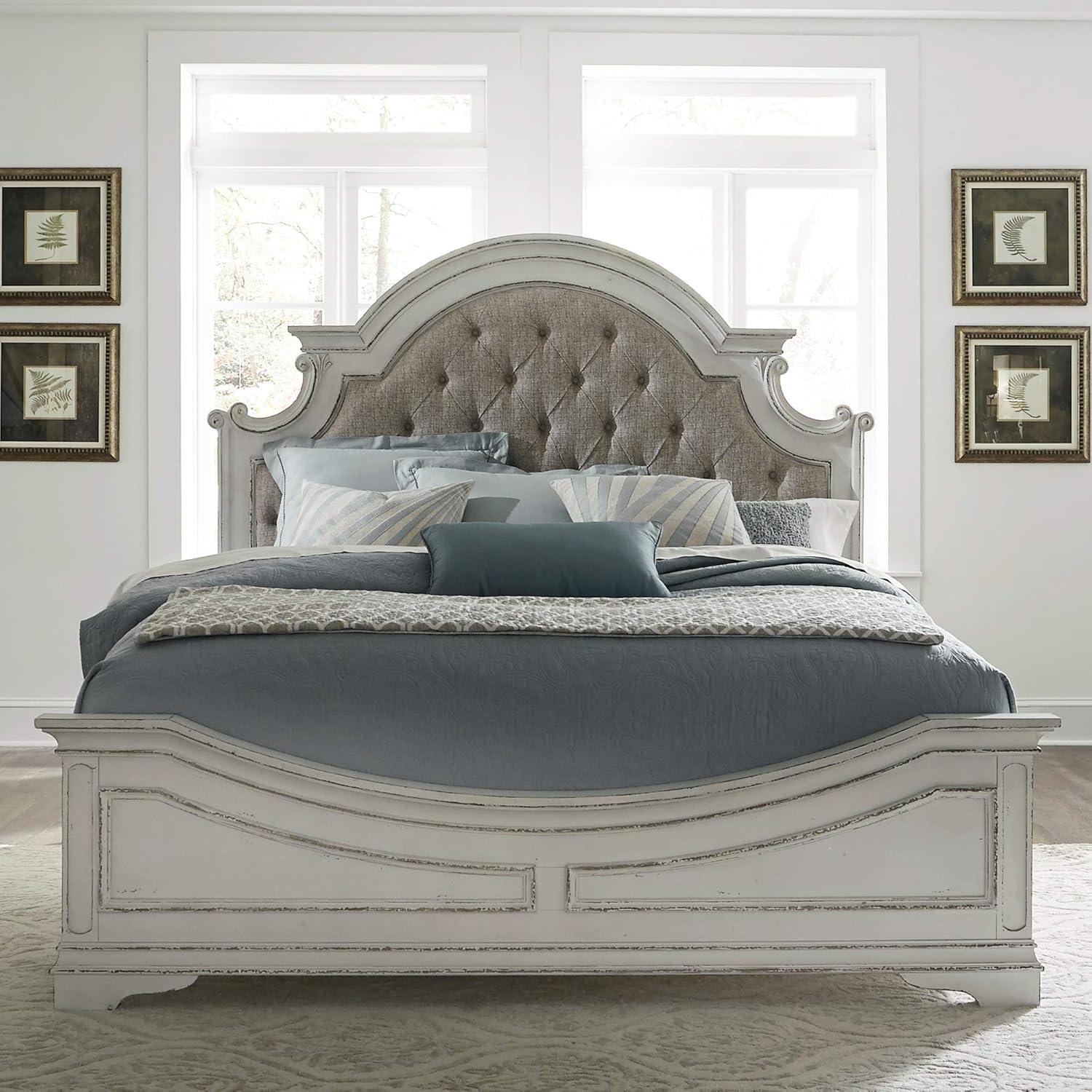 Traditional Beige King Upholstered Bed with Tufted Headboard