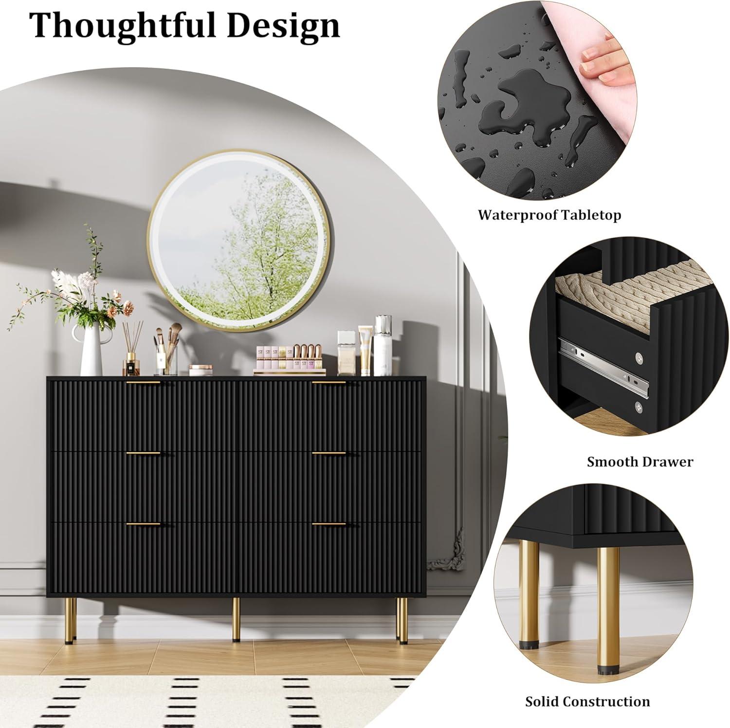 Garvee Fluted Wood Dresser 6 Drawers Dresser for Bedroom, Large Modern Chest of Drawers, Black Dresser with Gold Handle,for Living Room, Hallway