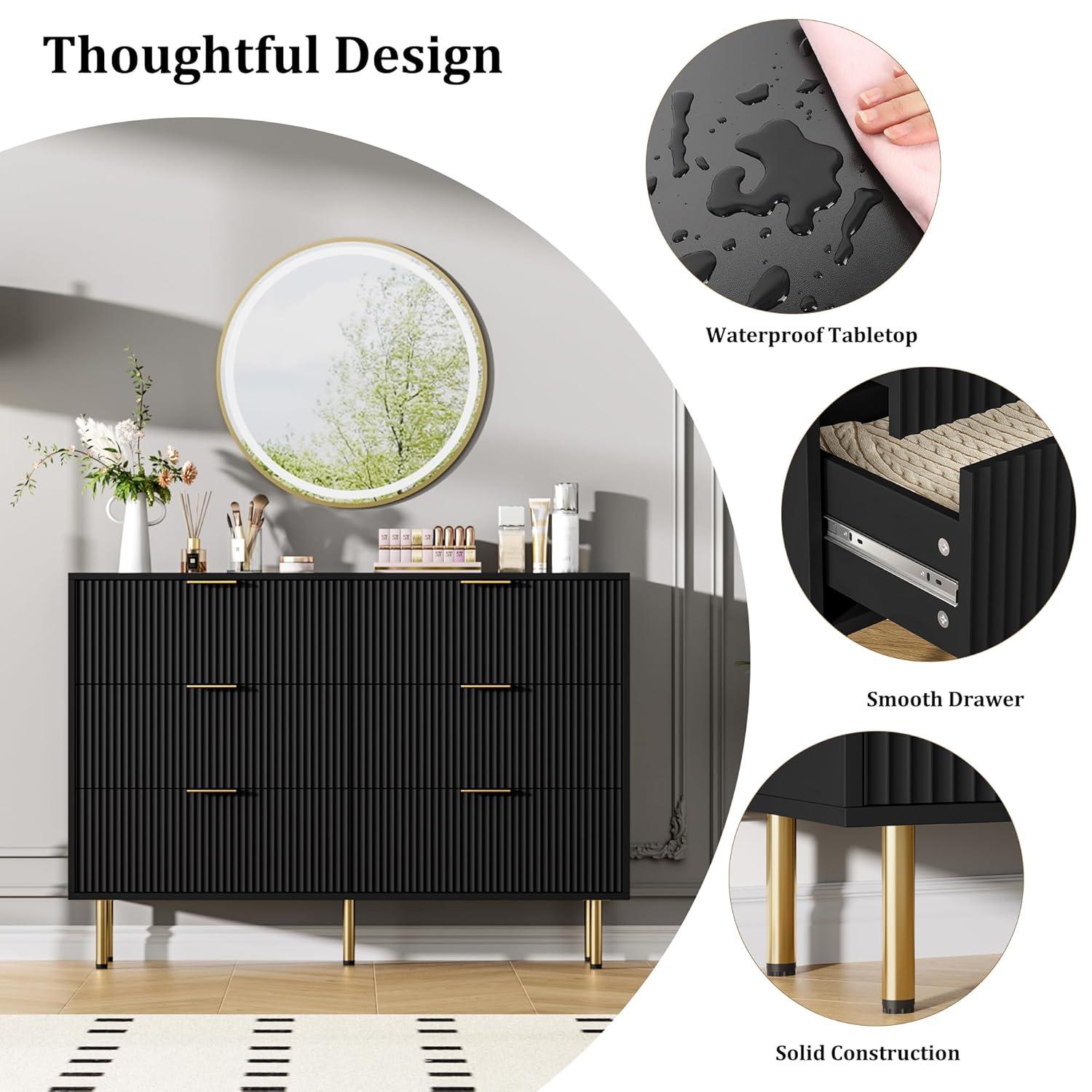 Garvee Fluted Wood Dresser 6 Drawers Dresser for Bedroom, Large Modern Chest of Drawers, Black Dresser with Gold Handle,for Living Room, Hallway
