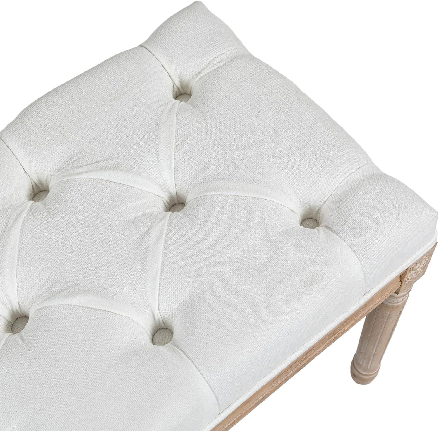 HOMCOM French Vintage Style End of Bed Bench, Linen Upholstered Bench with Thick Padded Seat and Wood Legs, Tufted Bedroom Bench, Cream White
