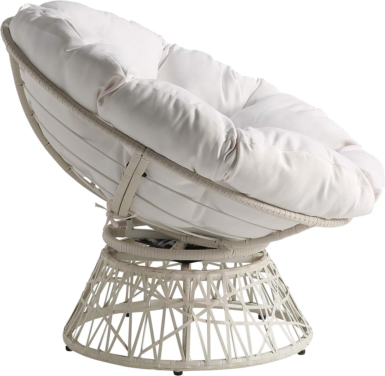 Swivel White Papasan Chair with Metal Frame and Plush Cushion
